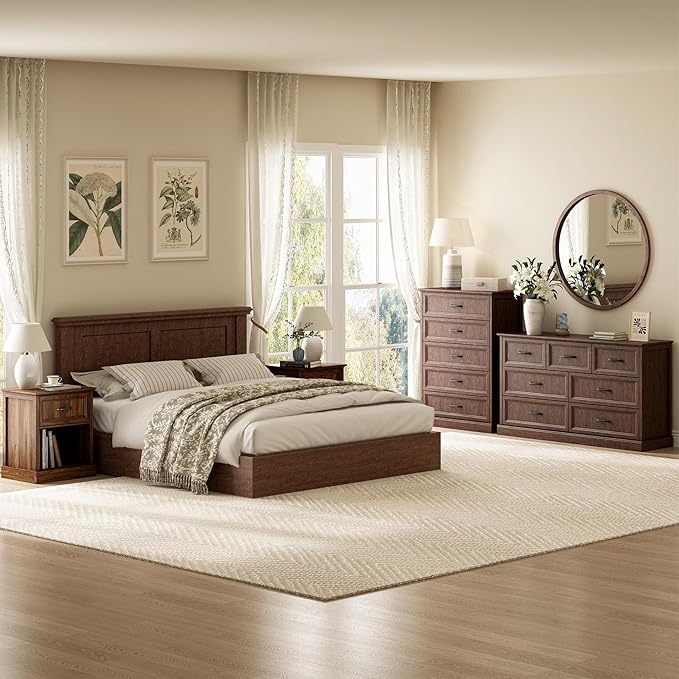 CARPETNAL Farmhouse Dresser and Nightstand Sets for Bedroom, 4 Pcs Bedroom Set, 5 Drawer & 7 Drawer Dresser and Nightstand Set of 2, Wood Chest of Drawers for Living Room, Entryway, Brown