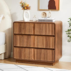 Turtle&Myrtle Fluted 3 Drawer Dressers for Bedroom, 31.5" Wide Large Mid Century Modern Nightstand W/3 Storage Drawers, Wood Dresser & Chest of Drawers with Curved Profile for Living Room (Walnut)