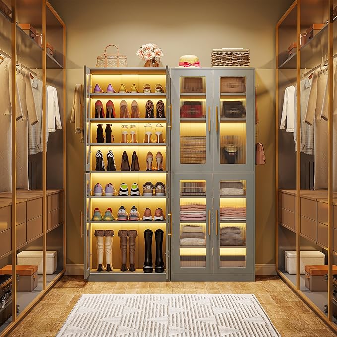 Tribesigns Tall Shoe Cabinet with Acrylic Doors and LED Lights, 8-Tier Entryway Shoe Organizer Storage Rack with Adjustable Shelves and Hanging Hooks for Narrow Closet, Hallway, Living Room, Gray