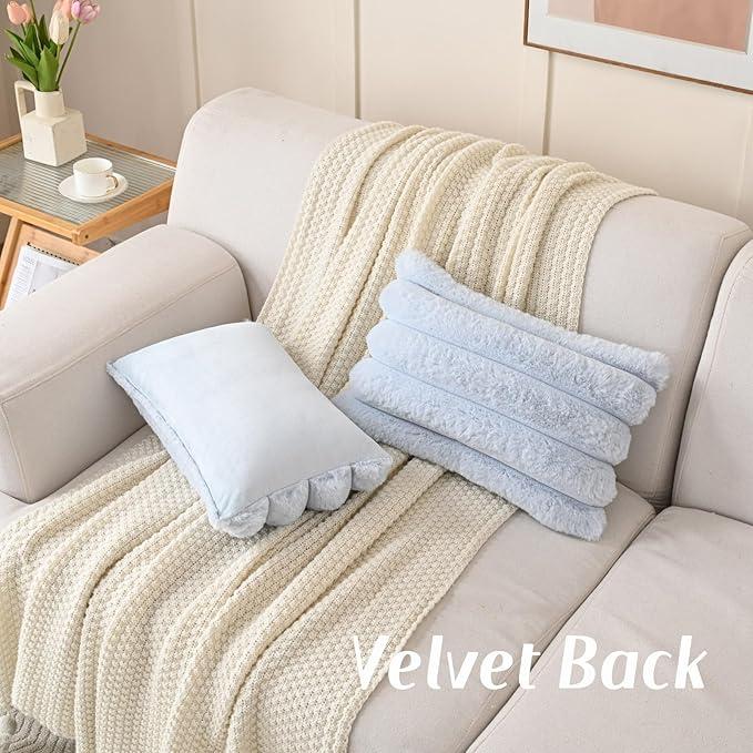 FUTEI Light Blue Decorative Throw Pillow Covers 12x20 Inch Set of 2, Square Soft Faux Rabbit Fur Thick Striped Lumbar Pillow Case,Winter Home Decor for Couch Bed Living Room