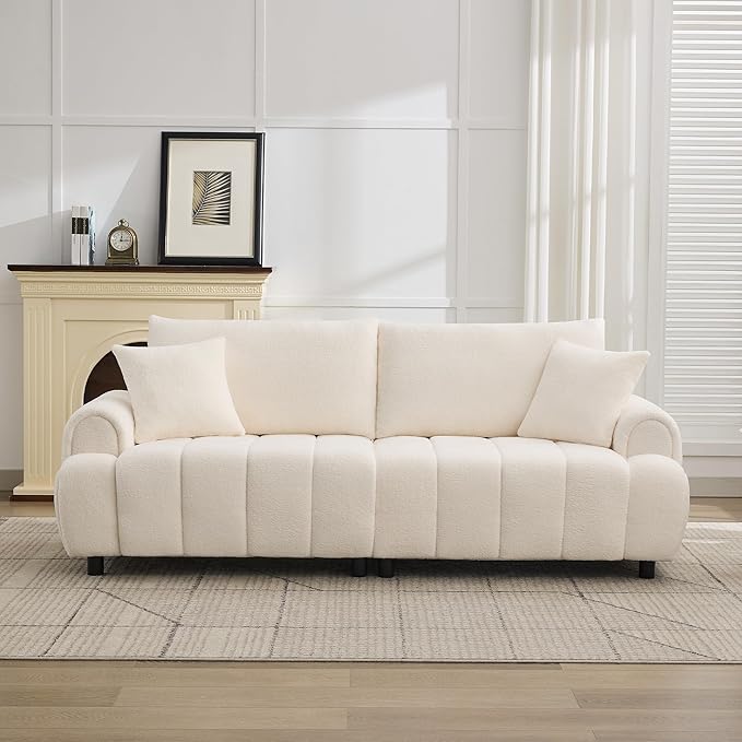 88 "Modern Boucle Sofa Couch, Oversized Comfy 3 Seater Sherpa Curved Sofas Deep Seat, Upholstered Loveseat Teddy Round Arm Couches for Living Room, Bedroom, Beige
