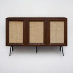 NTC MOSSIC Modern Sideboard with 3 Doors, Natural Rattan Storage Cabinet, Buffet with Metal Legs, Boho Accent Cabinet for Living Room, and Entryway, Effortless Assembly - Dark Walnut