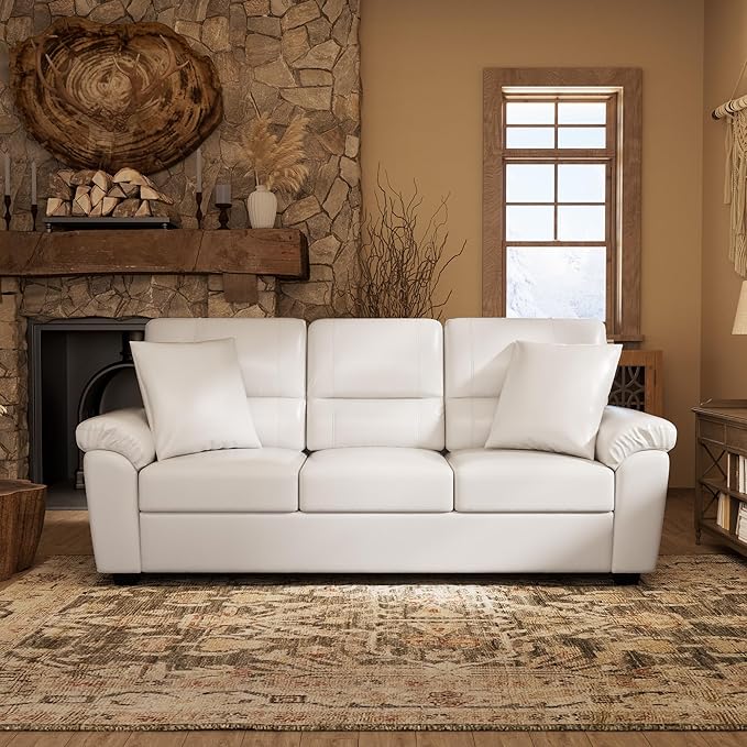 Morden Fort Faux Leather Sofa Couch, Modern Luxury Furniture with Removable and Easy to Clean Cushions, Skin-Friendly Wide Arm Comfy 3 Seater Couch for Living Room Apartment Office Lounge, White
