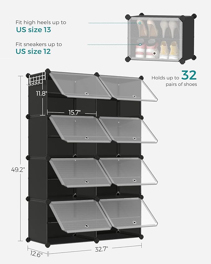 SONGMICS Shoe Rack Organizer, 8-Tier Shoe Storage Cabinet for Closet and Entryway, Holds 32 Pairs of Shoes, Adjustable, Ink Black and Trasparent ULPC034B01