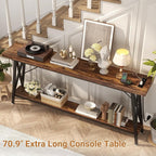 Homieasy 70.9 Inch Extra Long Console Table, Industrial Sofa Table Behind Couch with Charging Station & Storage Shelf, Entryway Table for Living Room & Entryway, Rustic Brown