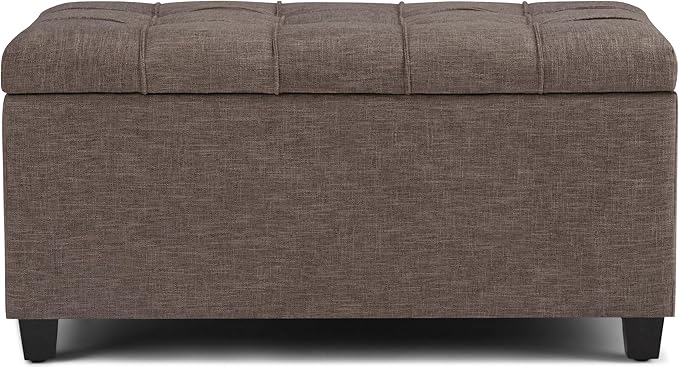 SIMPLIHOME Sienna 33 inch Wide Transitional Rectangle Storage Ottoman Bench in Fawn Brown Linen Look Fabric, Assembled, For the Living Room, Entryway and Family Room