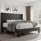 iPormis Full Size Platform Bed Frame with Button Tufted Headboard, Upholstered Bed Frame with Solid Wooden Slats, 8" Underbed Space, No Box Spring Needed, Noise Free, Easy Assembly, Dark Gray