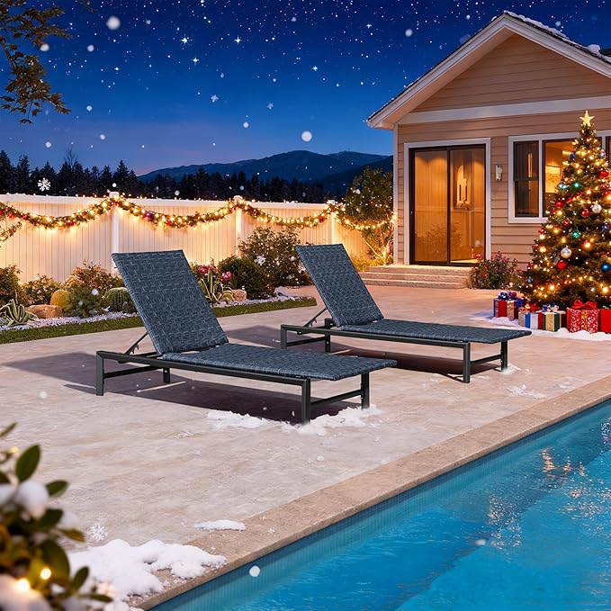 PURPLE LEAF Patio Chaise Lounge Rattan Chair Outdoor Pool Adjustable Recliner Wicker Lounger for Outside Woven Furniture Tanning Poolside Lounger Navy Blue