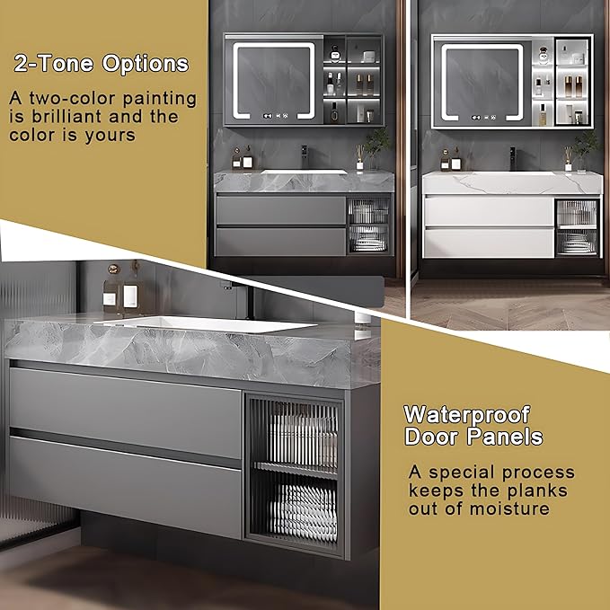 Gray 32IN Modern Bathroom Vanity - Wall-Mounted Bathroom Storage Cabinet & Bathroom Vanity with Sink, Bathroom Medicine Cabinet Wall Mounted, Defogging & Led Lighting | Bathroom Cabinet Slim