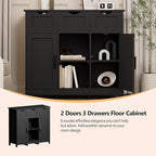 Sideboard Floor Storage Cabinet - Wooden Storage Organizer with 2 Doors and 3 Drawers, Free Standing Accent Buffet Cabinet with Adjustable Shelves for Living Room, Bedroom.Bathroom (Black)