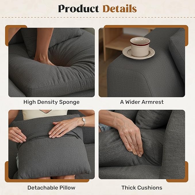 Loveseat Sofa, Cloud Boneless Couches for Living Room, 2 Seater Modular Sectional Sofa,Oversized,DarkGary Chenille