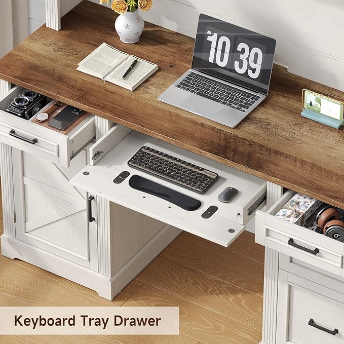 ONBRILL 72" H Farmhouse Executive Desk with Hutch, Office Desk, Computer Desks with Charging Station, Computer Workstations with 5 Drawers and Storage Cabinet for Home, Office, Off White & Walnut