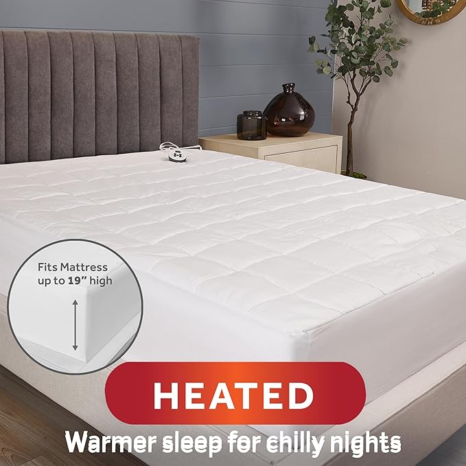 Sunbeam Premium Quilted Electric Heated Mattress Pad, 54" x 75", 12 Heat Settings, 12-Hour Selectable Auto Shut-Off, Warmth for Restful Sleep, Machine Washable, White