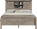 AMERLIFE Farmhouse Queen Bed Frame with Storage Headboard & Charging Station, Rustic Wood Platform Bed with Barn Door Bookcase, No Box Spring Needed, Light Grey Bedroom Furniture