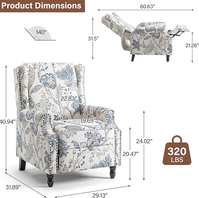 Pushback Recliner Chair Set of 2, Floral Fabric Wingback Recliner Chair, Upholstered Armchair Push Back Recliner, Rivet Trim Single Sofa Accent Chair with Wood Legs for Living Room, Plants Blue
