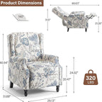 Pushback Recliner Chair Set of 2, Floral Fabric Wingback Recliner Chair, Upholstered Armchair Push Back Recliner, Rivet Trim Single Sofa Accent Chair with Wood Legs for Living Room, Plants Blue