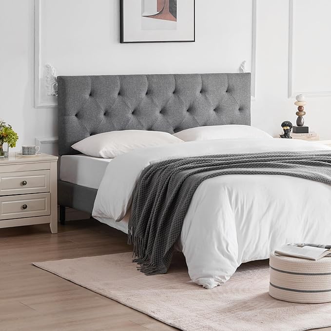 Linen Upholstered Headboard King Size, Modern Diamond Tufting Solid Wood Cali King Headboard Only, Adjustable Height from 37” to 51” Head Board, Bed Frame or Wall Mount Headboards, Light Grey