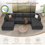 Vesgantti 141.7" U Shaped Boneless Sectional Couch, Modern 6 Seater Modular Sofa with Chaise & Ottoman, Deep Seat Convertible Corduroy Cloud Couches for Living Room, No Assembly Required, Black
