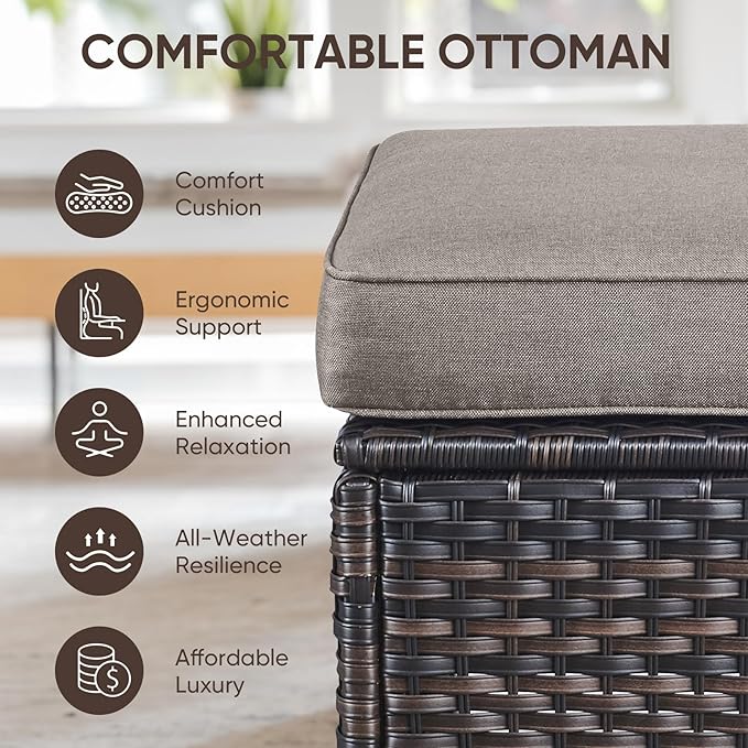 Swivel Patio Chairs sofa Set of 6 with 6" Thick Cushion - Wicker Outdoor Swivel Rocker Patio Chair ,Sofa/Glass coffee table, High Back Comfortable Outdoor Glider Chairs - Brown Wicker | Gery Cushions