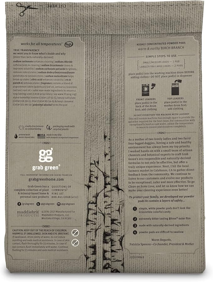 Grab Green Stoneworks Laundry Detergent Pods and Dryer Sheet Bundle, 50 Count Pods and 80 Dryer Sheets, Birch Branch Scent, Plant and Mineral Based Laundry Care Set