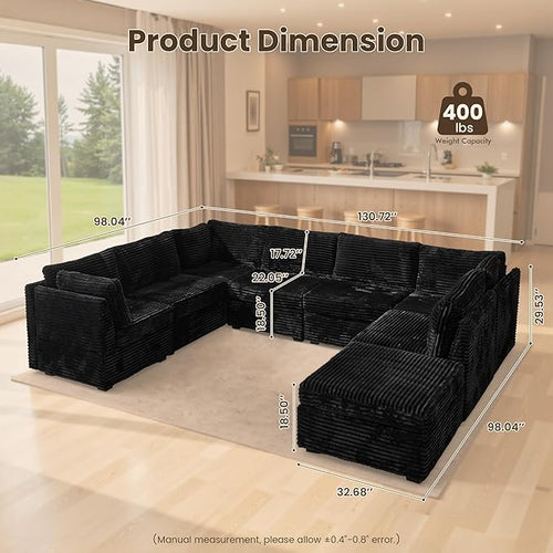 130'' Modern Modular Sectional Sofa with Ottoman, 8 Pieces U Shaped Cloud Couch for Living Room, Oversized Deep Seat Convertible Sofa Set, Plush Corduroy Black