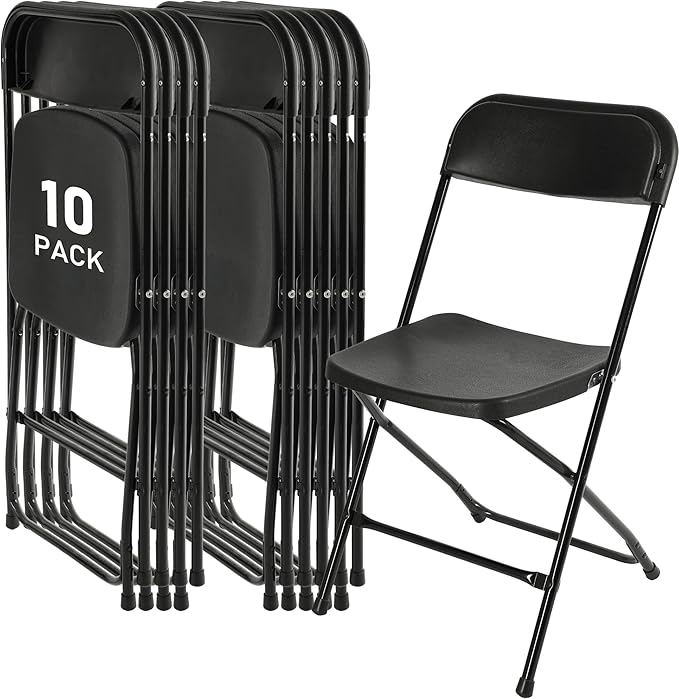 SEALAMB Plastic Folding Chairs 10 Pack, Black Commercial Portable Indoor/Outdoor Chairs for Home Office, Wedding, Events Parties with Steel Frame, 350lbs Capacity (Black-Plastic, 10 Pack)