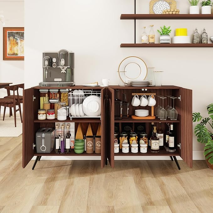 59" Sideboard Buffet Cabinet with Adjustable Shelves, Modern Storage Cabinet with Arched 3D Carved Wood Doors, Credenza Accent Cabinet for Living Room, Dining Room, Entryway,Walnut