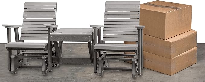 DutchCrafters Modern Horizontal Slat High Back Poly Double Glider Chairs with Center Table Outdoor Patio Furniture (Black & Light Gray)