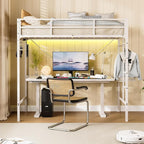 Loft Bed Twin,Loft Bed with Built-in Power Outlet LED Lights,Clothing Hanger Space Saving,Storage Pouch,Heavy Duty Metal Safety Guard Rail for Kids Teens Adults,No Box Spring Needed,White