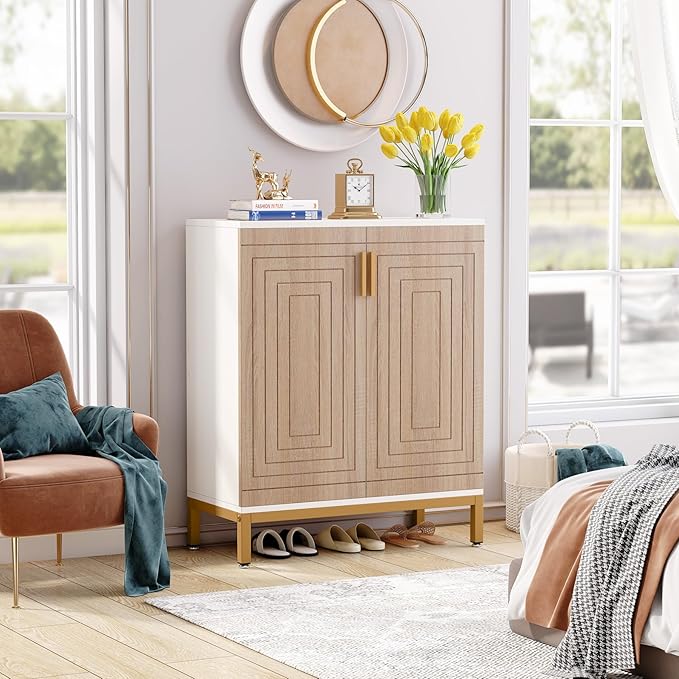 Tribesigns Shoe Cabinet with Doors, 20 Pairs Entryway Shoe Storage Cabinet with Shelves, 5-Tier Modern Free Standing Shoe Racks Storage Organizer for Closet, Living Room, Bedroom(White/Natural)