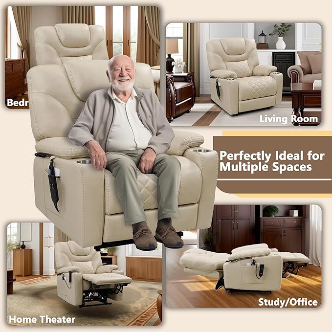 Power Lift Recliner for Seniors: 9988 High Density Foam Lift Chair with Heat and Massage, Reclining to 180, 2 Cup Holders, 2 Remote Controls, Dual OKIN Motors - Breathable Leather Beige