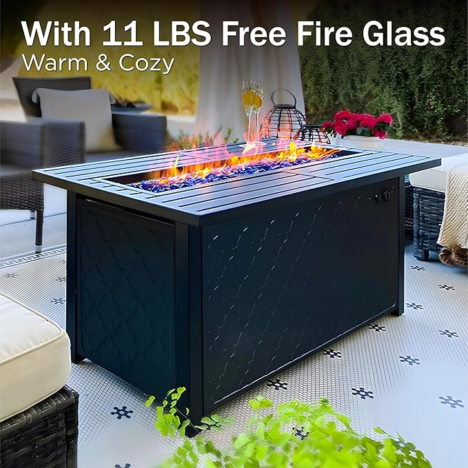 PHI VILLA Patio Furniture Set with FirePit Table, Outdoor Furniture with 1 x 72 Deep Seating Sofa Bench, 1 x 45 Gas Firepit Table, 2 x Swivel Sofa Chairs, 2 x Metal Cushioned Ottoman