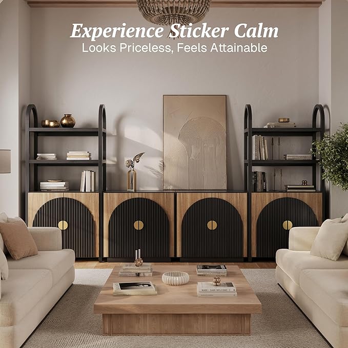 BELLEZE 4-Piece Modular Arched TV Stand Entertainment Center Set, Mid Century Modern 2 Piece 72″ Tall Storage Cabinets and 2 Piece 65″ Fluted TV Console for Living Room (Camel)