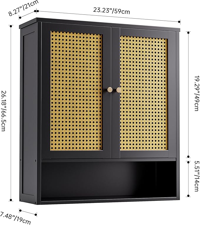 Bathroom Wall Cabinet, Bamboo Over-The-Toilet Storage Organizer with 2 Rattan Doors and Adjustable Shelf, Space Saver Medicine Cabinet for Laundry, Kitchen, Living Room (Black)