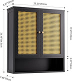 Bathroom Wall Cabinet, Bamboo Over-The-Toilet Storage Organizer with 2 Rattan Doors and Adjustable Shelf, Space Saver Medicine Cabinet for Laundry, Kitchen, Living Room (Black)