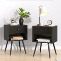 VECELO Nightstands Set of 2, Mid Century Modern End Bedside Table, Night Stand with Storage Drawer and 2 Tiers Open Shelf for Small Place, Bedroom, Living Room, Easy Assembly, Black
