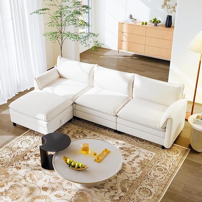 FLEXISPOT SF6 Modular Sectional Sofa with Storage Ottoman, 3-Seater L-Shaped Cloud Sectional Couch, 100.4" Wide Comfy Upholstered Sofa Couch for Living Room Apartment, Chenille White
