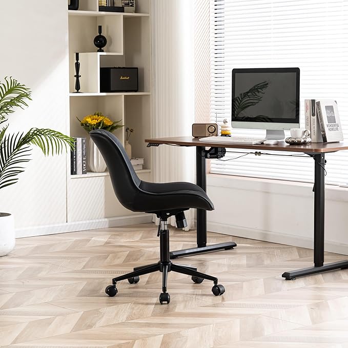YOUNIKE Black Home Office Desk Chair Armless Comfy Small Ergonomic Rolling Vanity Chair with Wheels Wide Swivel Adjustable Modern Task Chair Back Cute Leather Upholstered Sewing Drafting Chair No Arms