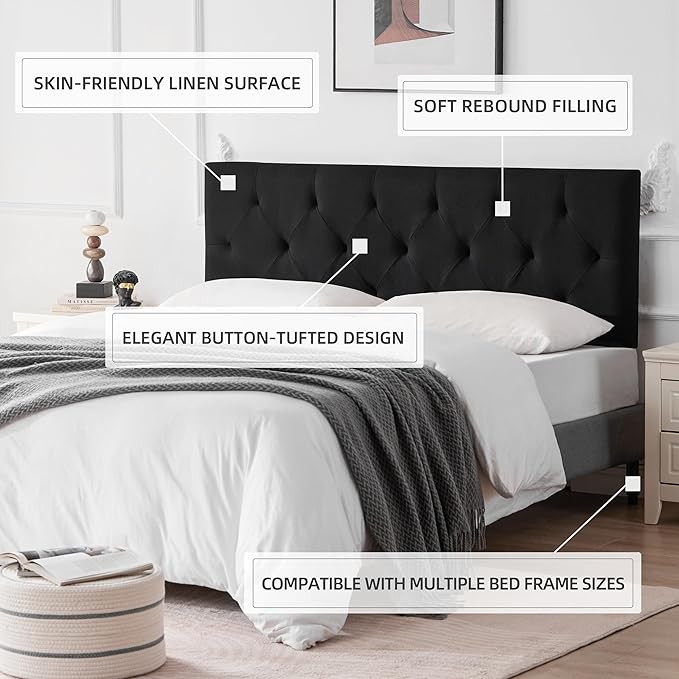 Linen Upholstered Headboard Full Size, Modern Diamond Tufting Solid Wood Full XL Headboard Only, Adjustable Height from 37” to 51” Head Board, Bed Frame or Wall Mount Headboards, Black
