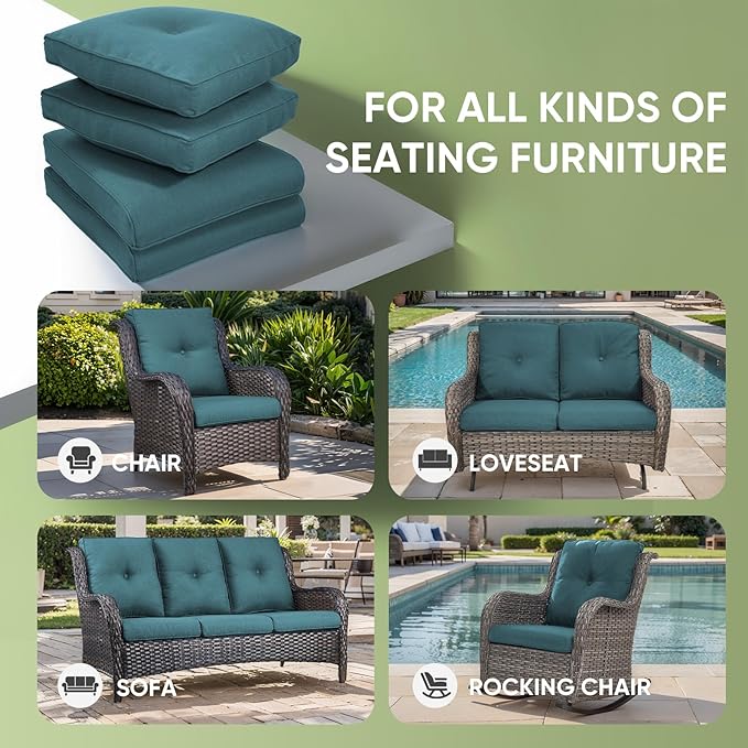 Outdoor Chair Cushion Set of 3, Waterproof Outdoor Seat Cushions 25x22 , Patio Chair Cushions for Outdoor Furniture, Couch Cushion Replacement, Include 3 Back & 3 Seat Cushions, Button/PeacockGreen