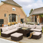 NICESOUL 10 Piece Patio Furniture Sectional Set with Fire Pit Propane/Natural Gas Convertible, 29.3'' High Back Deep Wide Outdoor Couch, 9 Seater Oversized High-End Wicker Conversation Sofas, Brown