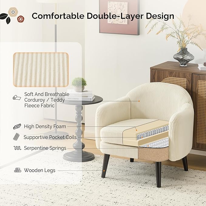 VINGLI 30.3" Wide Modern Barrel Accent Armchair with Track Armrest, Solid Wooden Legs, Comfy Upholstered Club Chair, Round Single Home Sofa for Living Room, Bedroom, Reading Room, Corduroy Beige