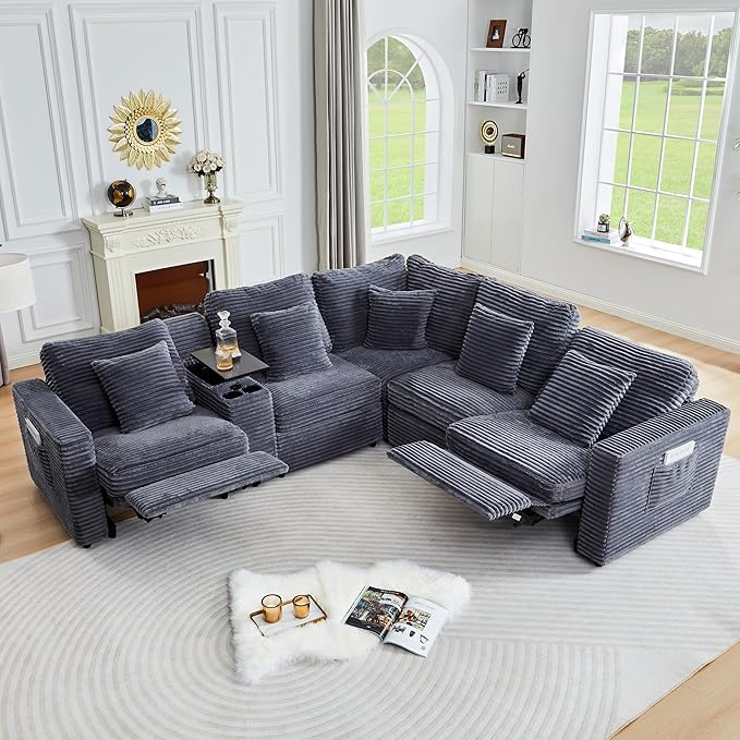 Oversized Modular Sectional Sofa with 2 Power Reclining, Electric Recliner Couch with Storage Console and Adjustable Headrest, Plush Corduroy Fluffy 5 Seat Corner Sofa for Living Room-Blue Grey