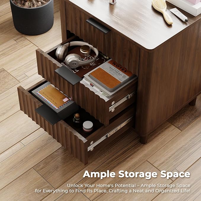 Fluted Nightstand Set of 2, Multifunctional 3 Drawers Storage Bedside Table with Charging Station, Wood Modern Nightstand, Curved Profile Design, End Table for Indoor Room Bedroom, Walnut