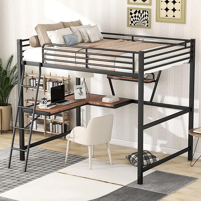 Full Size Loft Metal Bed with Desk and Shelf,Modern Bedroom Bed Frame w/Full-Length Guardrails & Ntegrated Ladder,Slat Support,for Adult Kid Boy Girl Teen,Black