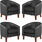 Prilinex Comfy Barrel Accent Chair Set of 4 - Faux Leather Living Room Chair Club Chair with Cushion, Diamond Grid Backrest & Nailhead Trim, Guest Chair for Office, Bedroom & Waiting Room, Black
