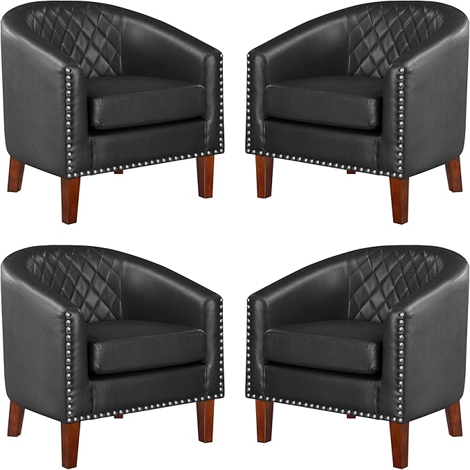 Prilinex Comfy Barrel Accent Chair Set of 4 - Faux Leather Living Room Chair Club Chair with Cushion, Diamond Grid Backrest & Nailhead Trim, Guest Chair for Office, Bedroom & Waiting Room, Black