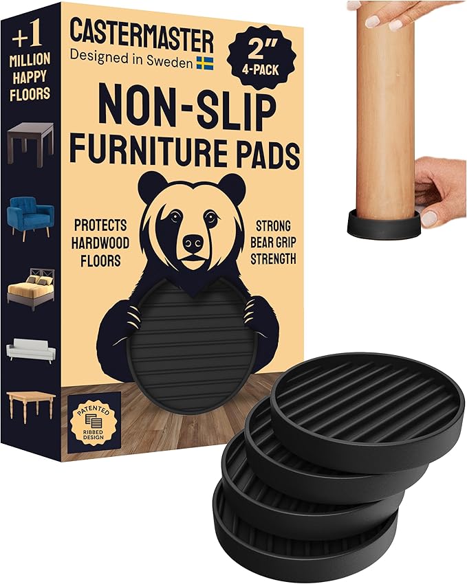 CasterMaster Rubber Furniture Feet Caster Cups for Hardwood Floors - 2 in x 2 in Black Round (4-Pack) - Non-Slip Foot Pads & Sofa Grips