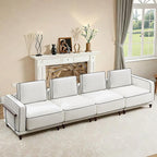 146" Cloud Modular Sectional Sofa,Oversized Deep 4 Seater Couch with Armrests Wooden Legs,Comfy Thicked Cushion Upholstered Sofa for Living Room Bedroom,White