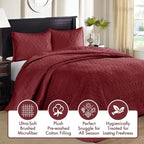 Madison Park Quebec King Size Quilt Bedding Set - Red , Damask – 3 Piece Bedding Quilt Coverlets – Ultra Soft Microfiber Bed Quilts Quilted Coverlet